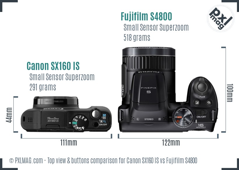 Canon SX160 IS vs Fujifilm S4800 top view buttons comparison