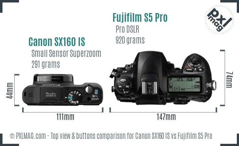 Canon SX160 IS vs Fujifilm S5 Pro top view buttons comparison Canon SX160 IS vs Fujifilm S5 Pro top view buttons comparison
