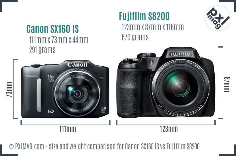 Canon SX160 IS vs Fujifilm S8200 size comparison
