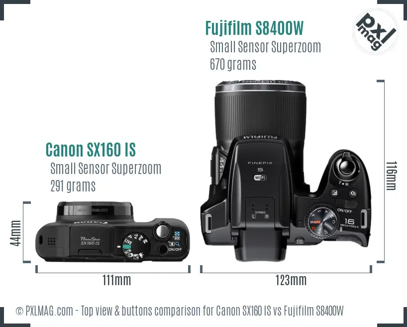 Canon SX160 IS vs Fujifilm S8400W top view buttons comparison