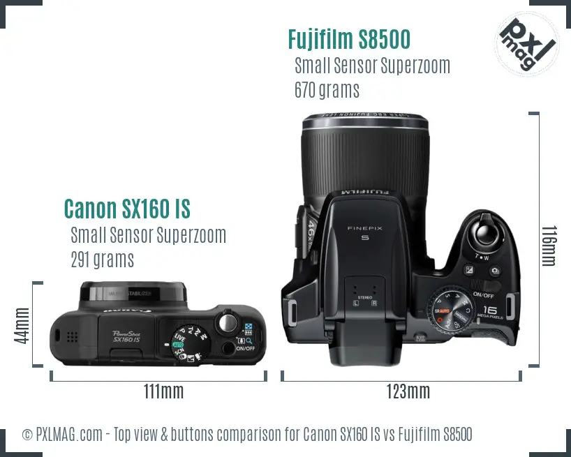Canon SX160 IS vs Fujifilm S8500 top view buttons comparison
