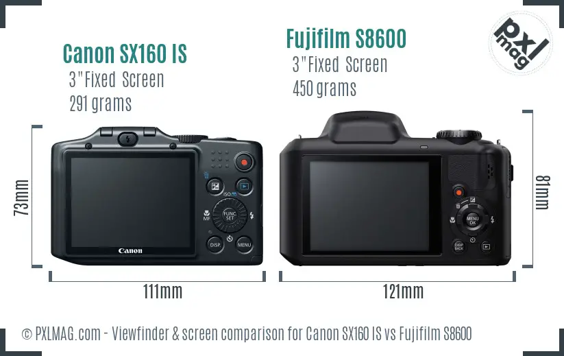 Canon SX160 IS vs Fujifilm S8600 Screen and Viewfinder comparison