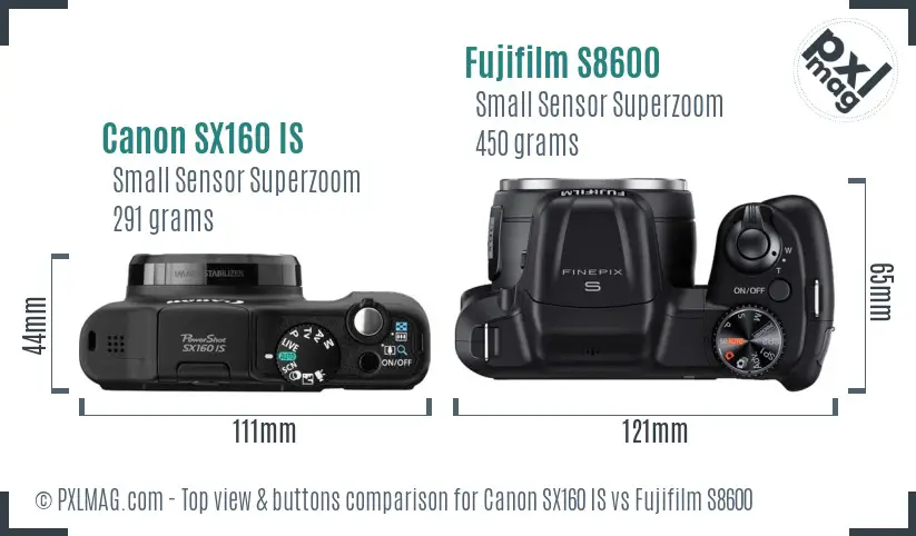 Canon SX160 IS vs Fujifilm S8600 top view buttons comparison