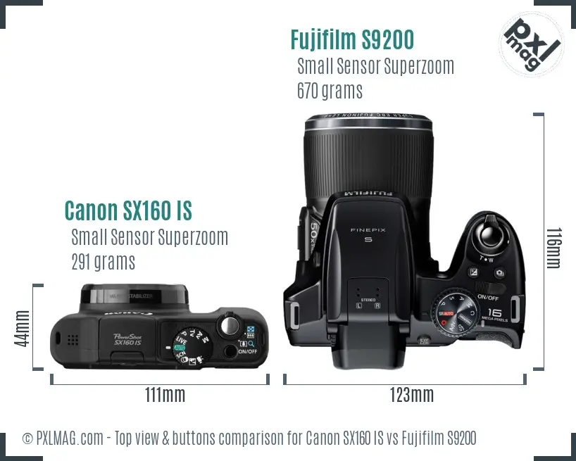 Canon SX160 IS vs Fujifilm S9200 top view buttons comparison