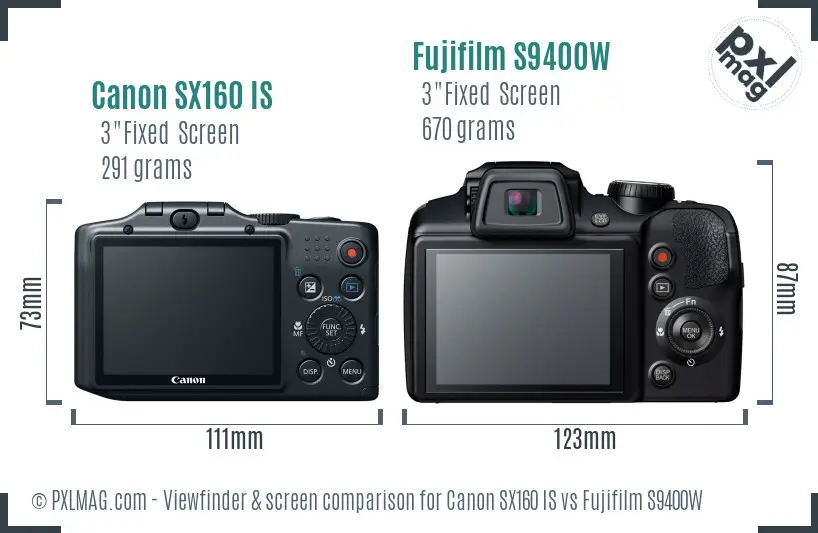 Canon SX160 IS vs Fujifilm S9400W Screen and Viewfinder comparison