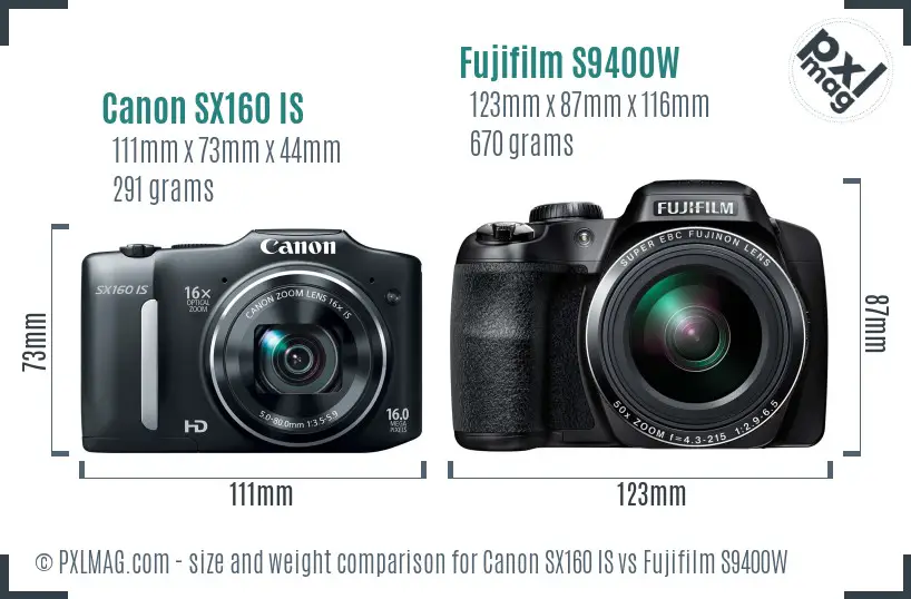 Canon SX160 IS vs Fujifilm S9400W size comparison
