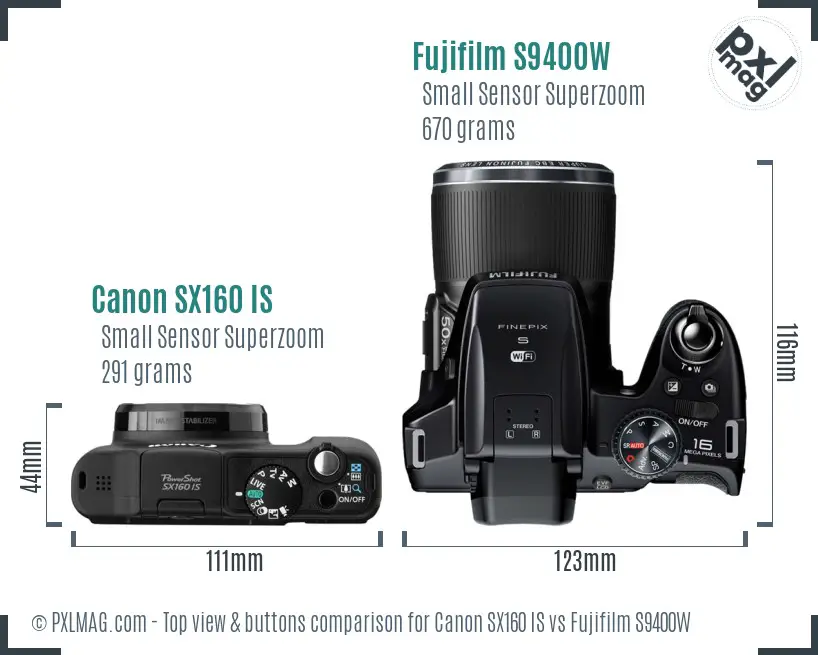 Canon SX160 IS vs Fujifilm S9400W top view buttons comparison