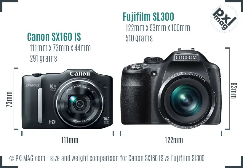 Canon SX160 IS vs Fujifilm SL300 size comparison