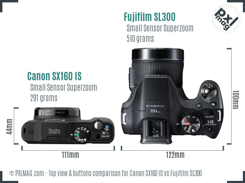 Canon SX160 IS vs Fujifilm SL300 top view buttons comparison