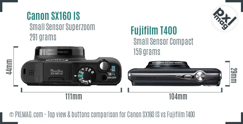 Canon SX160 IS vs Fujifilm T400 top view buttons comparison Canon SX160 IS vs Fujifilm T400 top view buttons comparison