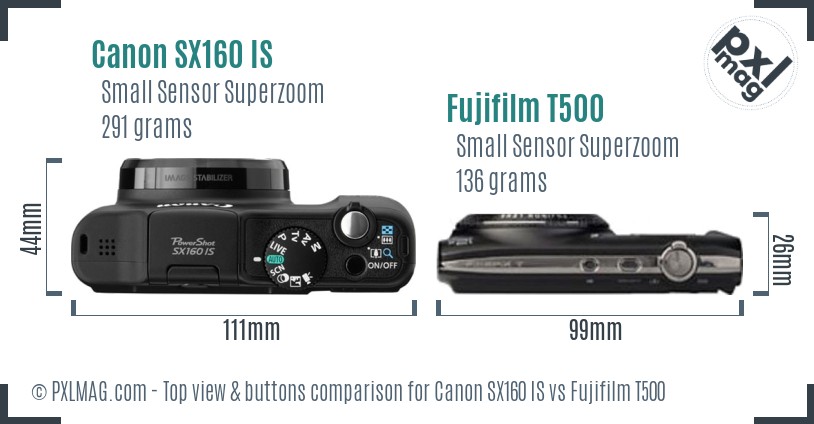 Canon SX160 IS vs Fujifilm T500 top view buttons comparison