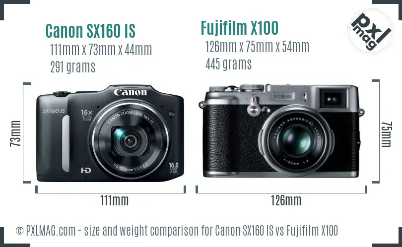 Canon SX160 IS vs Fujifilm X100 size comparison
