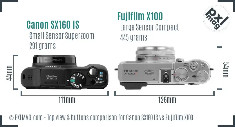 Canon SX160 IS vs Fujifilm X100 top view buttons comparison