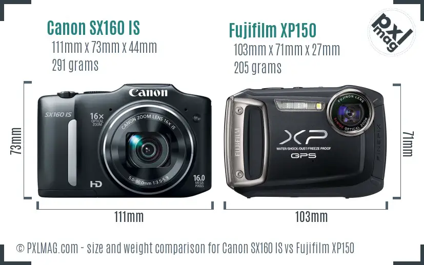 Canon SX160 IS vs Fujifilm XP150 size comparison