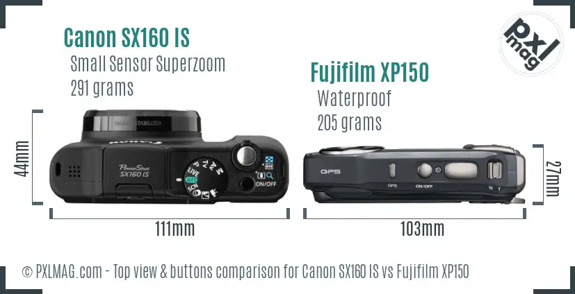 Canon SX160 IS vs Fujifilm XP150 top view buttons comparison