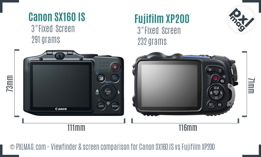 Canon SX160 IS vs Fujifilm XP200 Screen and Viewfinder comparison