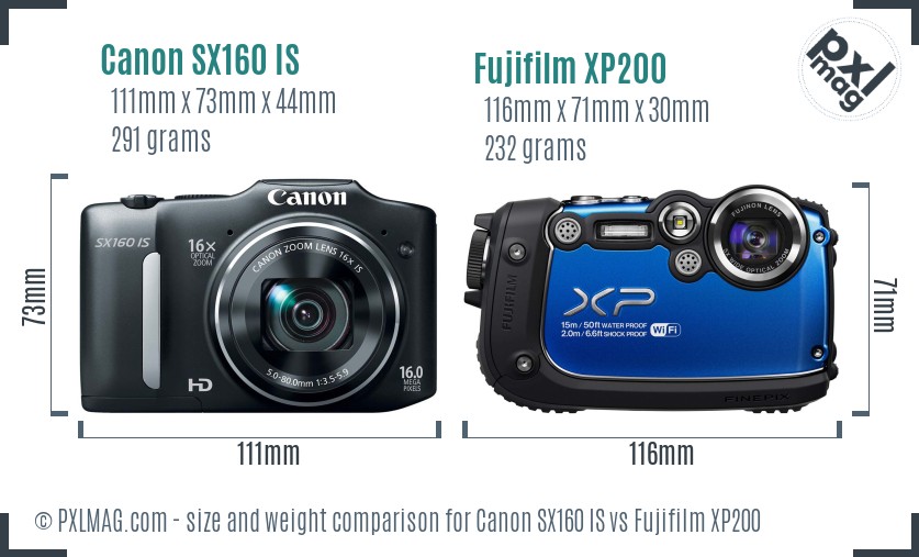Canon SX160 IS vs Fujifilm XP200 size comparison