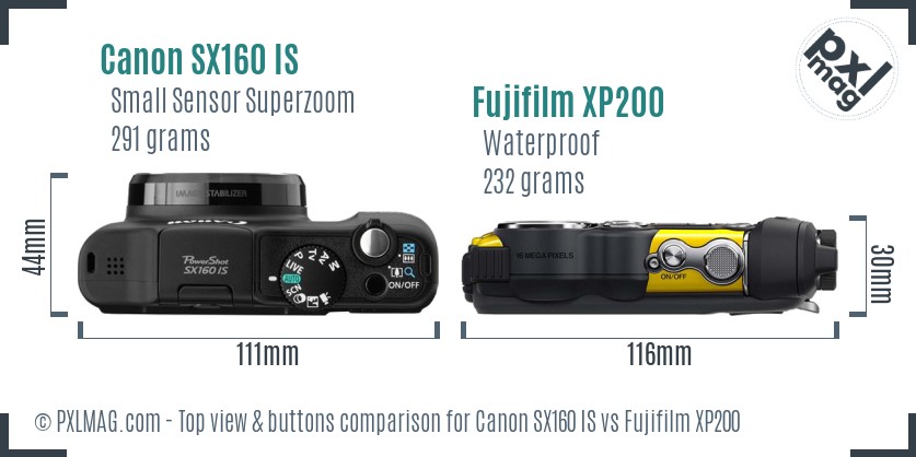 Canon SX160 IS vs Fujifilm XP200 top view buttons comparison