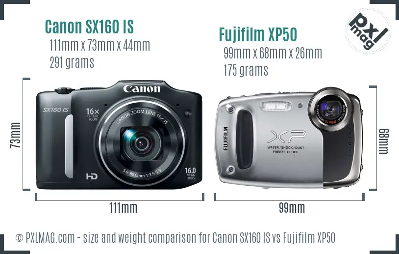 Canon SX160 IS vs Fujifilm XP50 size comparison