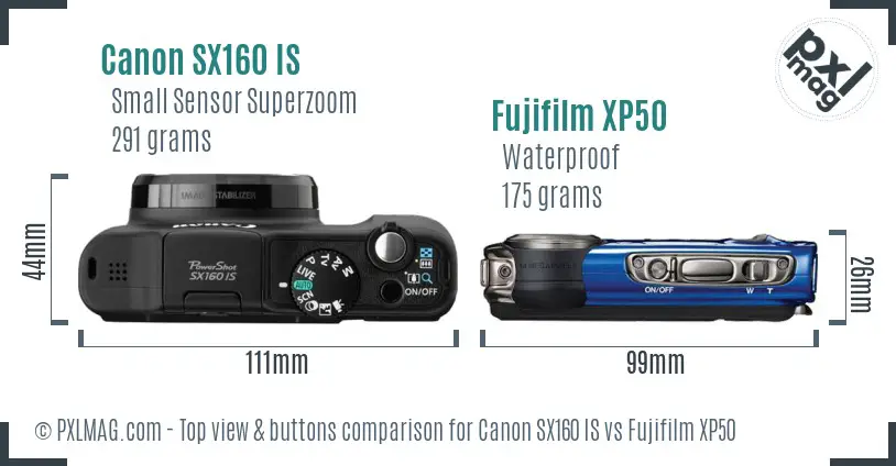 Canon SX160 IS vs Fujifilm XP50 top view buttons comparison