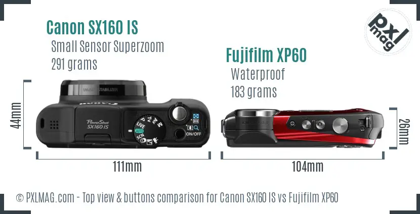 Canon SX160 IS vs Fujifilm XP60 top view buttons comparison Canon SX160 IS vs Fujifilm XP60 top view buttons comparison