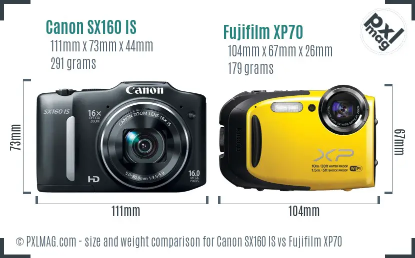 Canon SX160 IS vs Fujifilm XP70 size comparison