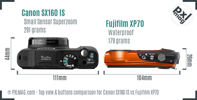 Canon SX160 IS vs Fujifilm XP70 top view buttons comparison