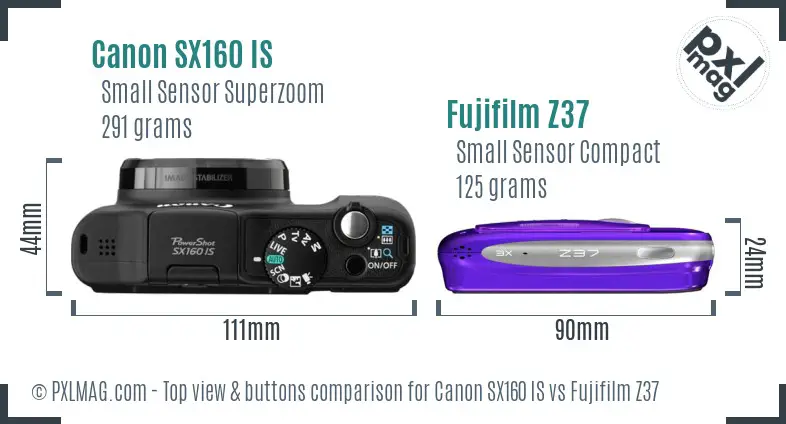 Canon SX160 IS vs Fujifilm Z37 top view buttons comparison Canon SX160 IS vs Fujifilm Z37 top view buttons comparison