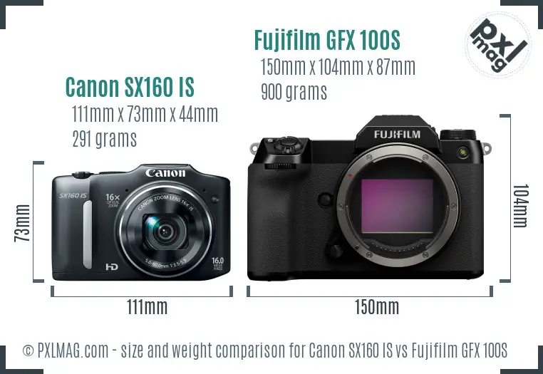 Canon SX160 IS vs Fujifilm GFX 100S size comparison