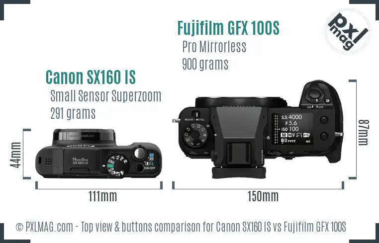 Canon SX160 IS vs Fujifilm GFX 100S top view buttons comparison