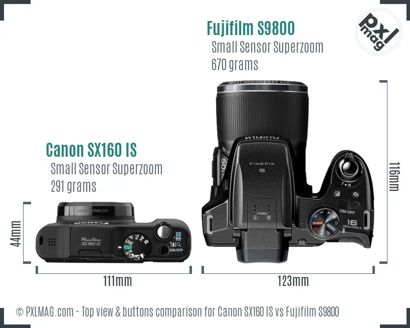 Canon SX160 IS vs Fujifilm S9800 top view buttons comparison