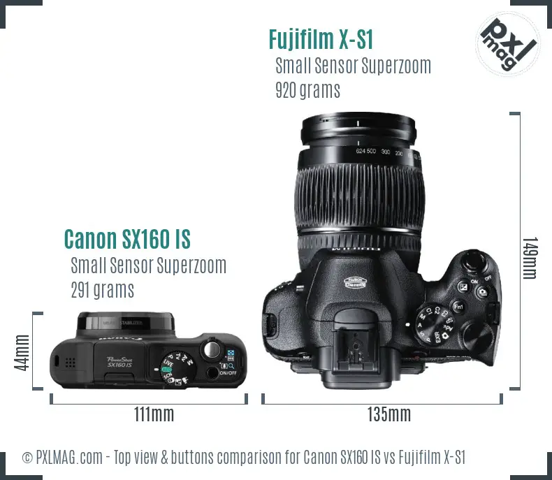 Canon SX160 IS vs Fujifilm X-S1 top view buttons comparison Canon SX160 IS vs Fujifilm X-S1 top view buttons comparison