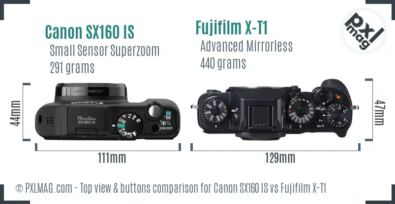 Canon SX160 IS vs Fujifilm X-T1 top view buttons comparison