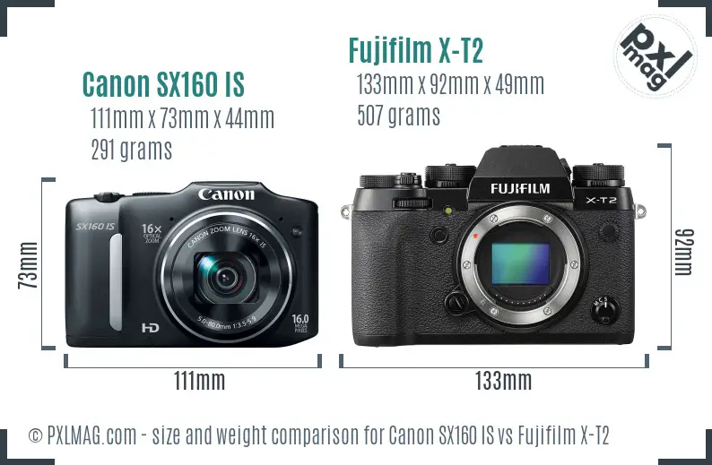 Canon SX160 IS vs Fujifilm X-T2 size comparison