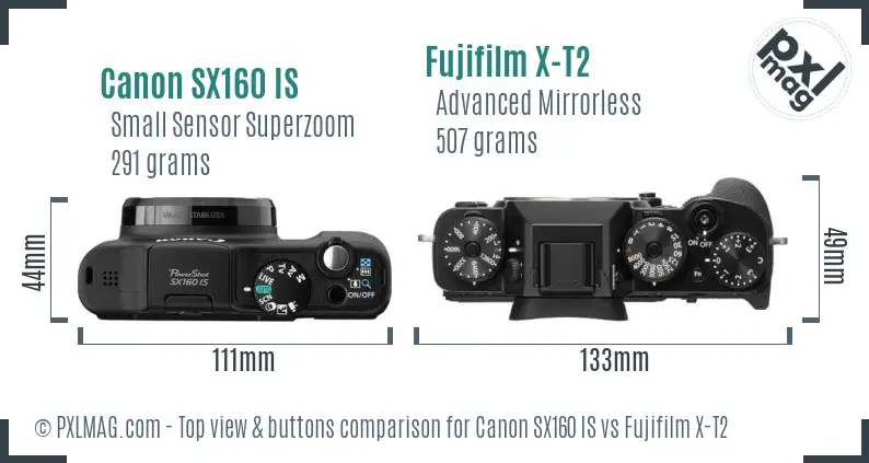 Canon SX160 IS vs Fujifilm X-T2 top view buttons comparison