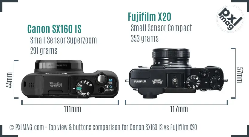 Canon SX160 IS vs Fujifilm X20 top view buttons comparison