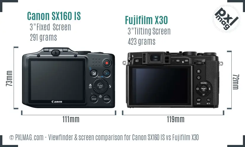 Canon SX160 IS vs Fujifilm X30 Screen and Viewfinder comparison