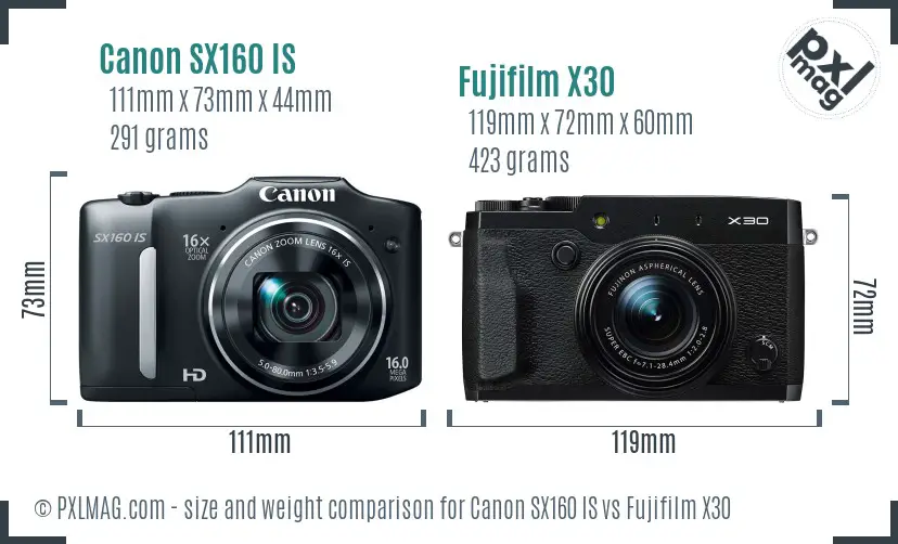 Canon SX160 IS vs Fujifilm X30 size comparison