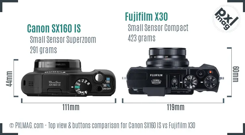 Canon SX160 IS vs Fujifilm X30 top view buttons comparison