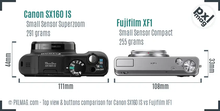 Canon SX160 IS vs Fujifilm XF1 top view buttons comparison Canon SX160 IS vs Fujifilm XF1 top view buttons comparison