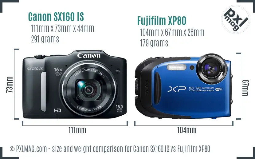 Canon SX160 IS vs Fujifilm XP80 size comparison