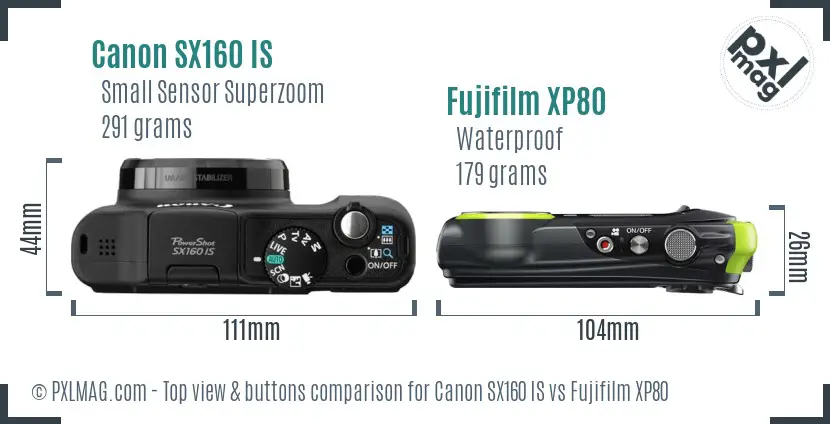 Canon SX160 IS vs Fujifilm XP80 top view buttons comparison