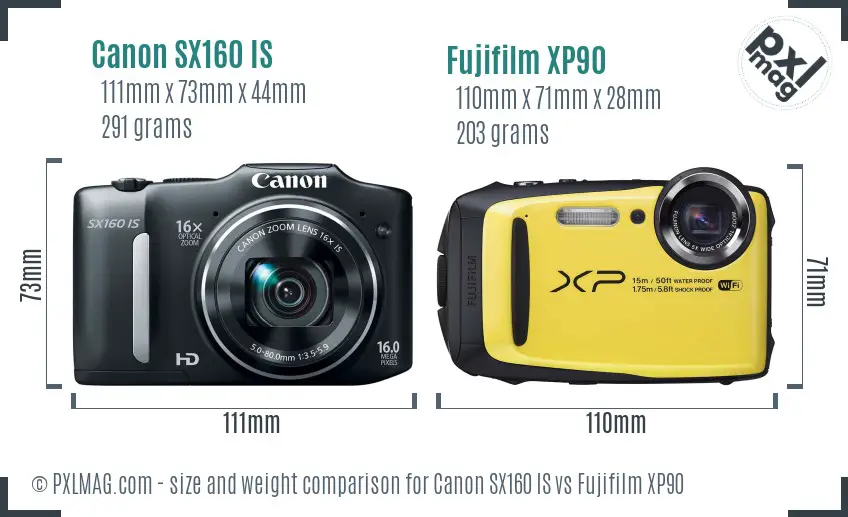 Canon SX160 IS vs Fujifilm XP90 size comparison Canon SX160 IS vs Fujifilm XP90 size comparison