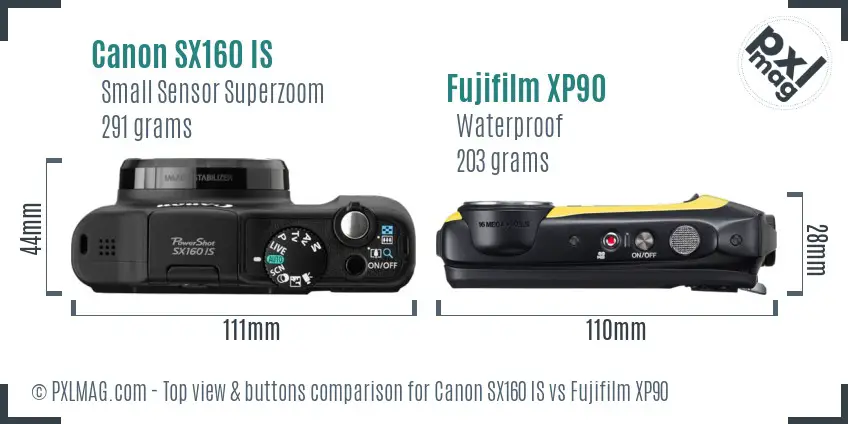 Canon SX160 IS vs Fujifilm XP90 top view buttons comparison Canon SX160 IS vs Fujifilm XP90 top view buttons comparison