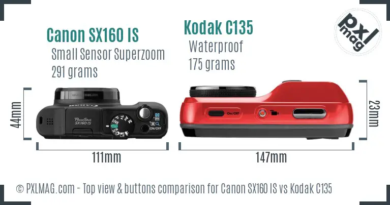 Canon SX160 IS vs Kodak C135 top view buttons comparison Canon SX160 IS vs Kodak C135 top view buttons comparison