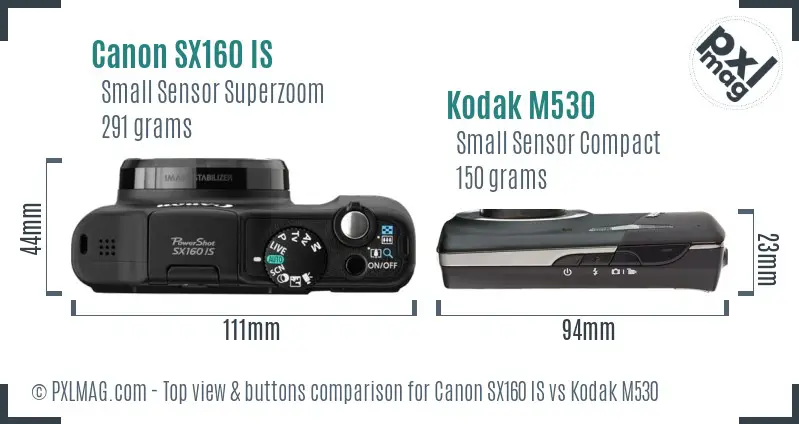 Canon SX160 IS vs Kodak M530 top view buttons comparison