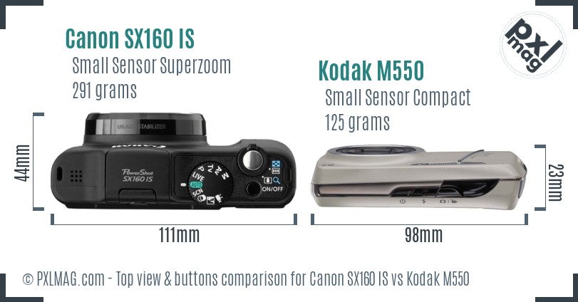 Canon SX160 IS vs Kodak M550 top view buttons comparison