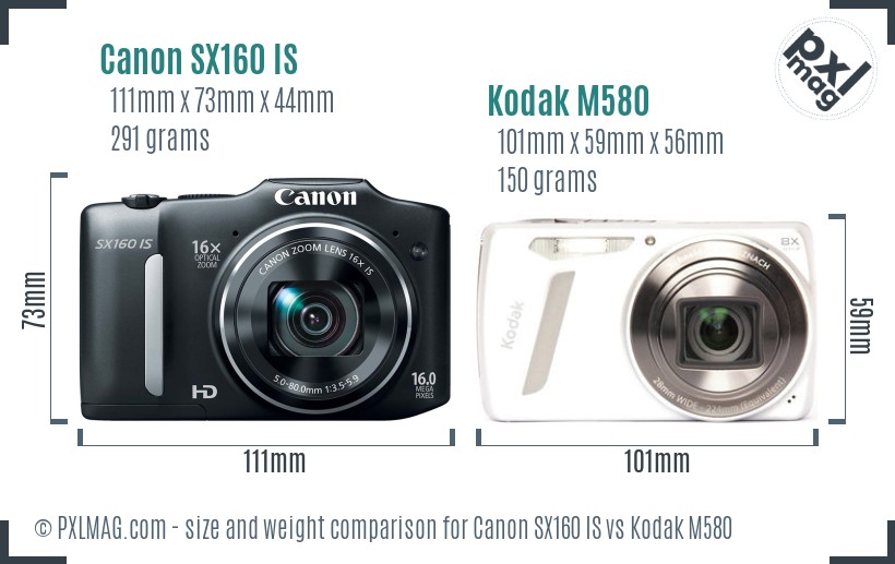 Canon SX160 IS vs Kodak M580 size comparison