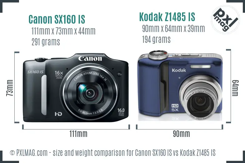 Canon SX160 IS vs Kodak Z1485 IS size comparison