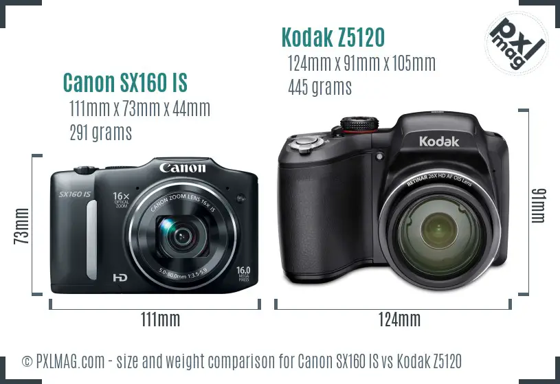 Canon SX160 IS vs Kodak Z5120 size comparison